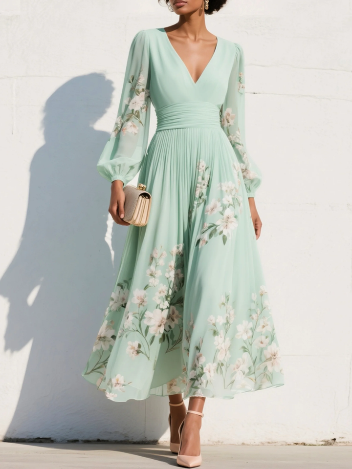 Mathilda - Light Green V-Neck Chiffon Pleated Floral Midi Dress